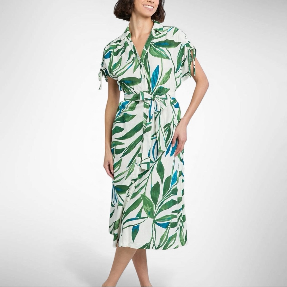 Time and Tru Linen Blend Tropical Midi Shirt Dress Tie Belt Pockets Sz XXXL (22)